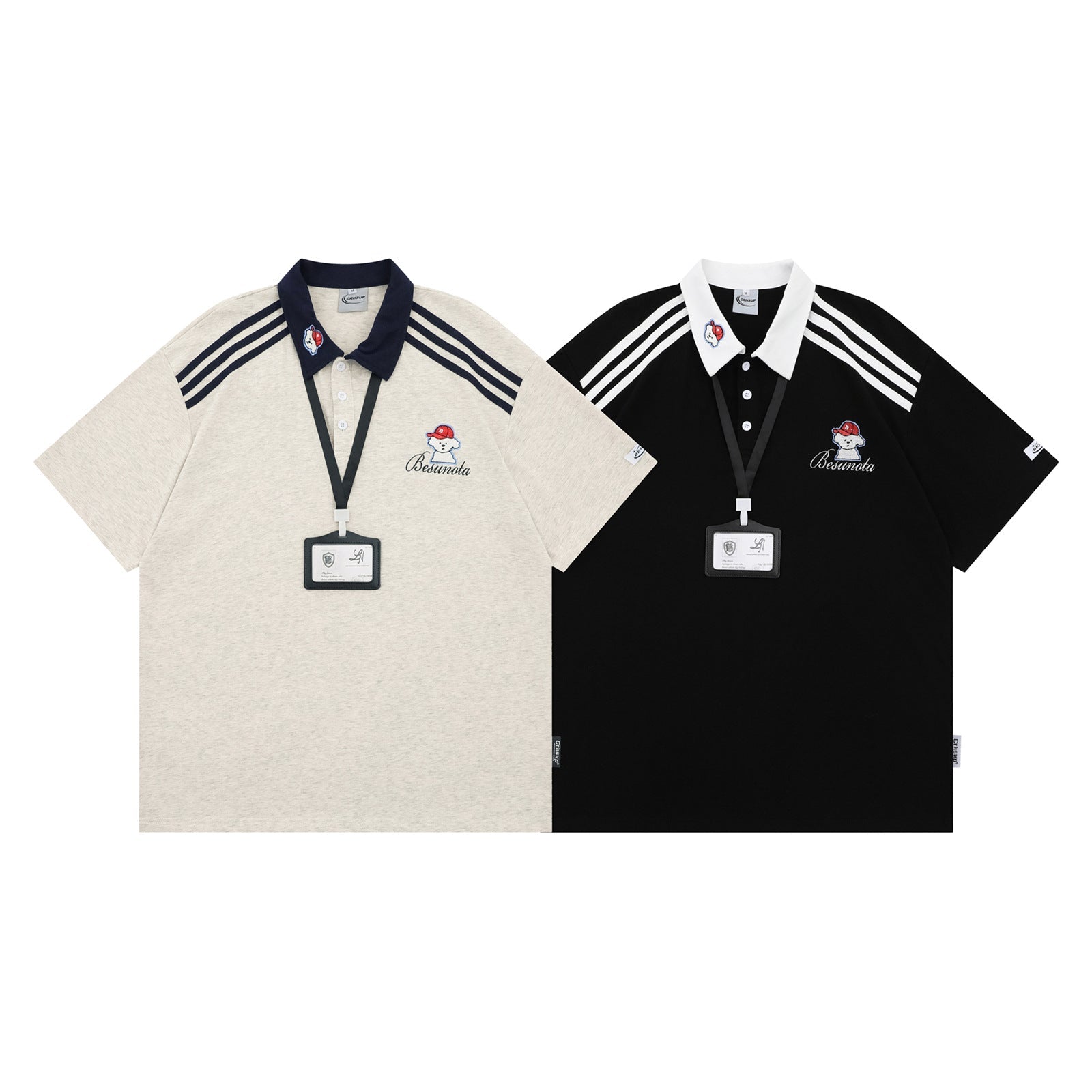 Cute Dog Embroidery with Detachable Work Badge Collar Short Sleeve T-Shirt for Men and Women  Versatile Couple Top eprolo