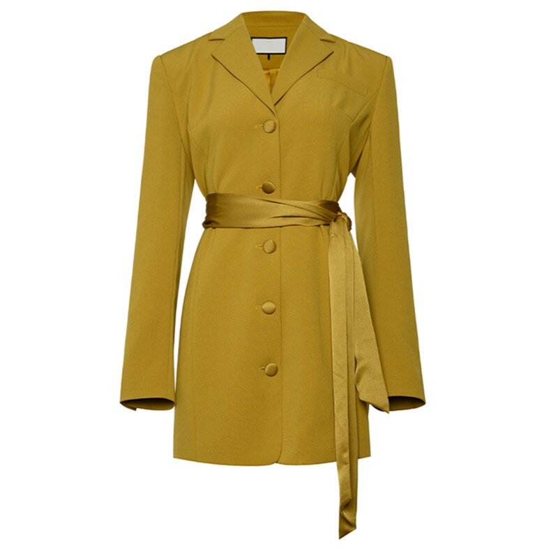 A striking yellow blazer dress with a cinched belt, lapel collar, and long sleeves. The loose fit offers comfort while the belt defines your shape. eprolo