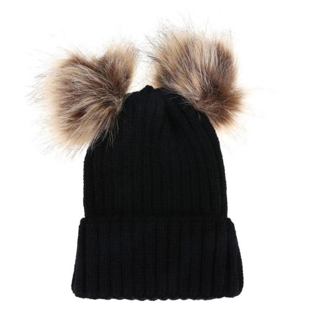 Parent-child Caps Cute Infant Baby Pompon Winter Hat Double Fur Ball Hat Mother Kids Warm Knitted Hat Newborn Beanie Cap eprolo