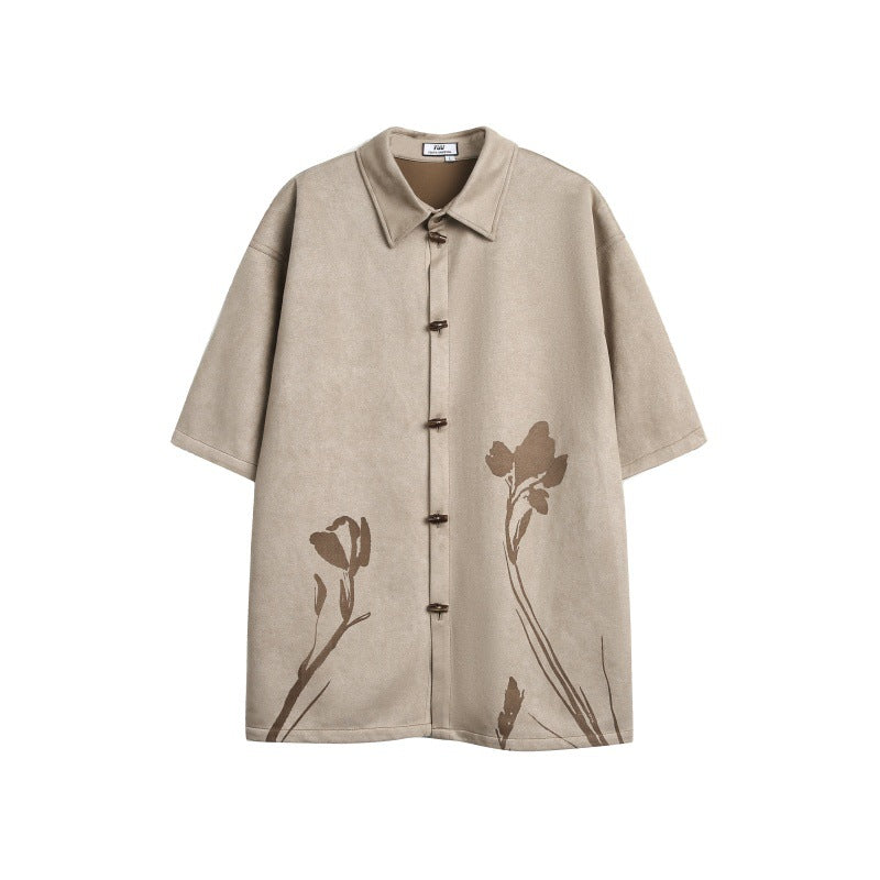 Flower horn button suede loose short sleeved shirt for men eprolo