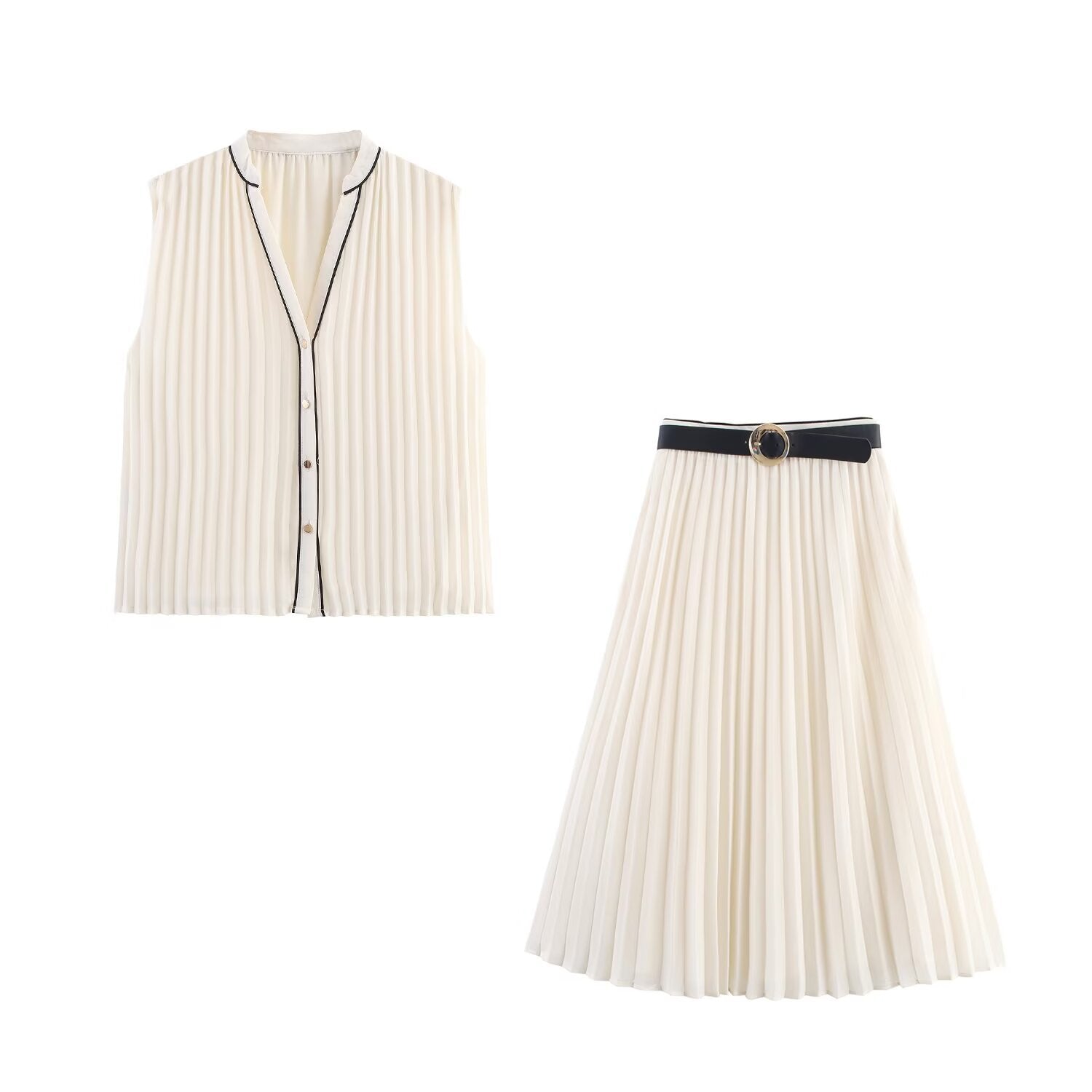 Color blocking trimmed pleated shirt+skirt set eprolo