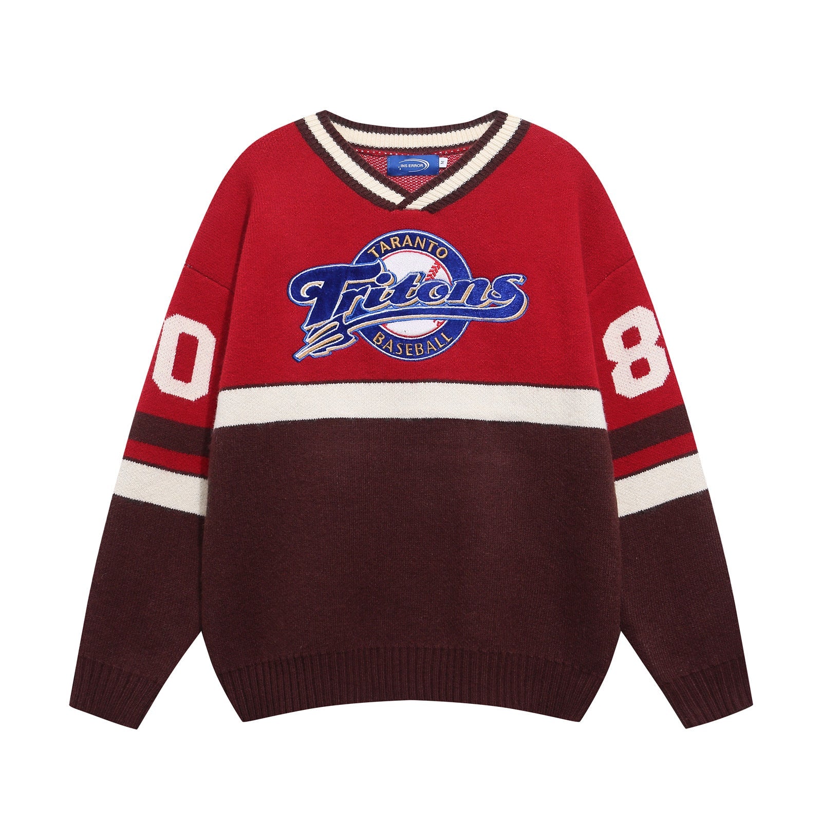 Vintage Color-block Letter Embroidery Couple V-neck Sweater Lazy Oversized Knitwear for Men and Women eprolo
