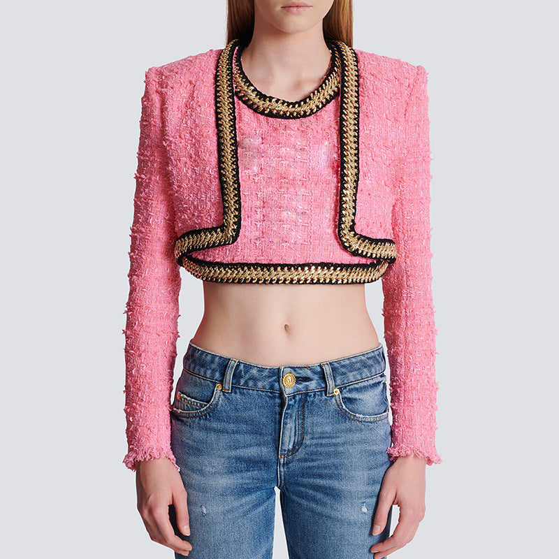 Veloria new fashion Autumn and Winter heavy industry chain decoration short coarse woolen jacket eprolo