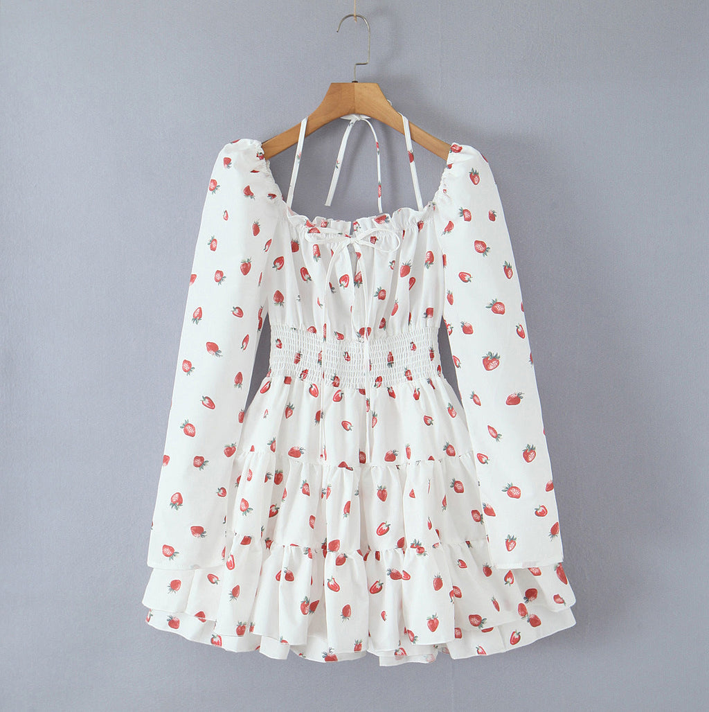 Strawberry print bubble sleeves hanging neck square neck short skirt long sleeved dress eprolo
