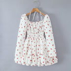 Strawberry print bubble sleeves hanging neck square neck short skirt long sleeved dress eprolo