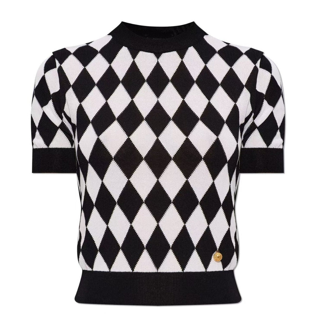High quality short sleeved niche knitwear women's new diamond grid age reducing shirt top eprolo