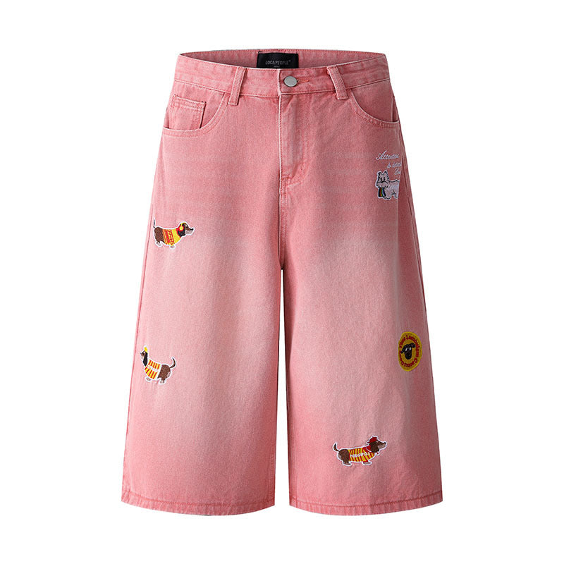 Jeans with Dog Applique Embroidery, Loose Straight Leg Denim Pants for Men and Women eprolo