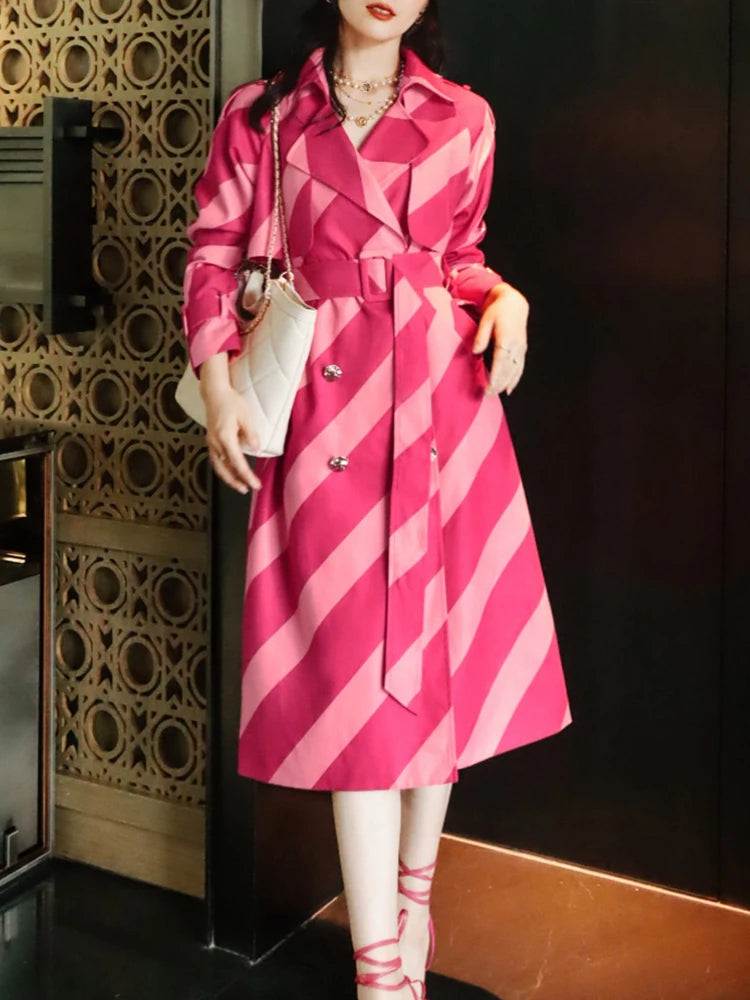 High-end Contrasting Color Striped Trench Coat For Women Lapel Long Sleeve Belt Mid Length Windbreak eprolo