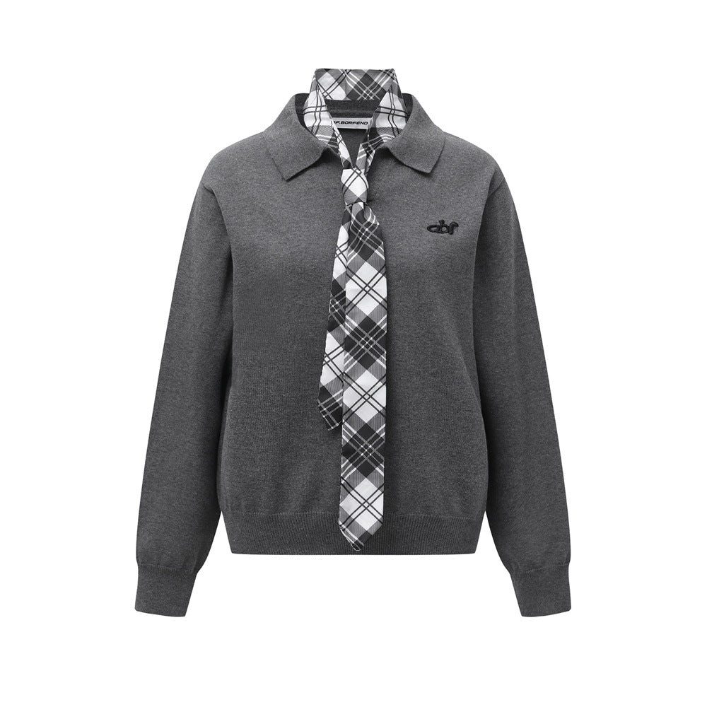 Knitted Sweater with Tie for Women Loose Casual Long Sleeve Collar Sweater eprolo