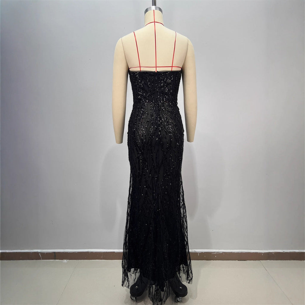 Shiny Sequin Evening Dress Long V-neck Waist-tightening Fitted Dress Mermaid Long Dress Women eprolo