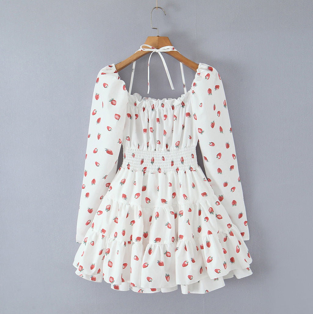 Strawberry print bubble sleeves hanging neck square neck short skirt long sleeved dress eprolo