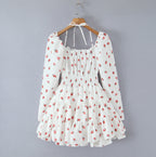 Strawberry print bubble sleeves hanging neck square neck short skirt long sleeved dress eprolo