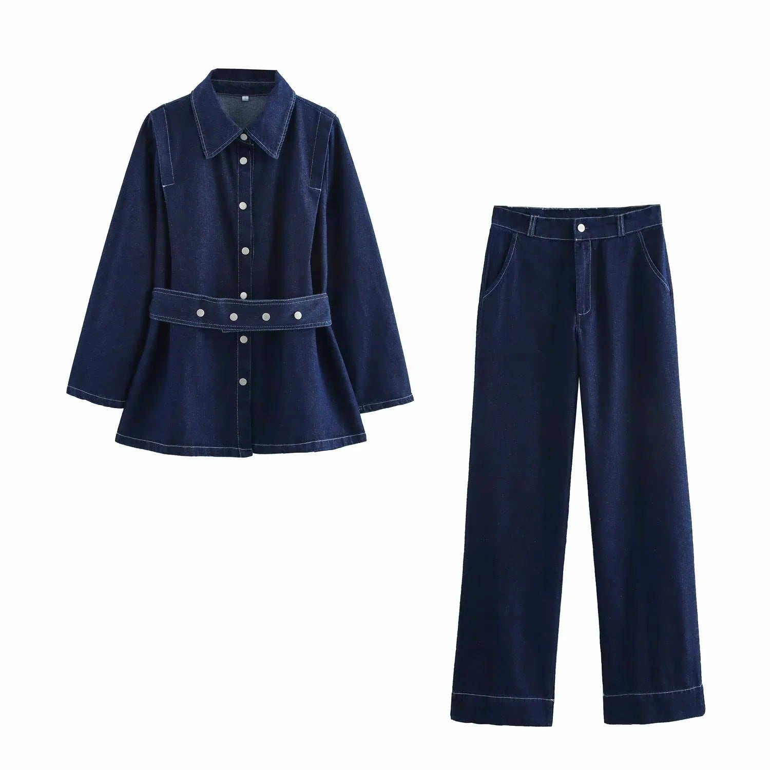 Belted Turn-Down Collar Denim Jacket Pants Set eprolo