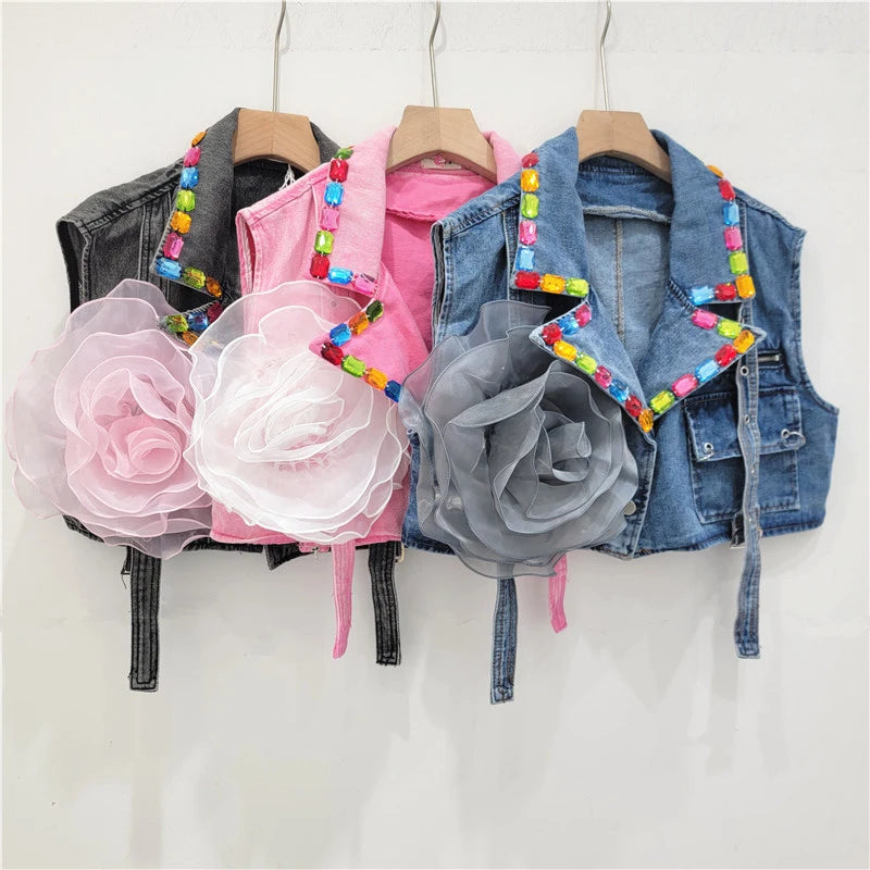 Suit collar ribbon flower denim vest women's vest eprolo