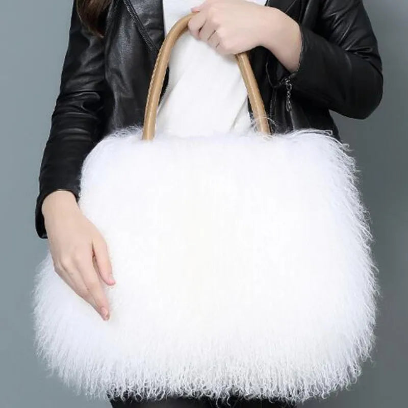 Real Mongolian Fur Bags Australian Beach Wool Fur Shoulder Bag Ladies Tibet Lamb Fur Wrist Bag Large Capacity eprolo