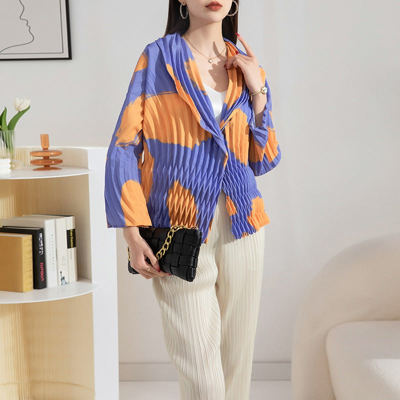 High-end pleated fashionable printed small jacket for women with hand-pleated suit collar eprolo