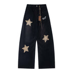 Retro Spliced Star Applique Embroidery Design Loose Casual Trendy Straight Jeans for Men and Women eprolo