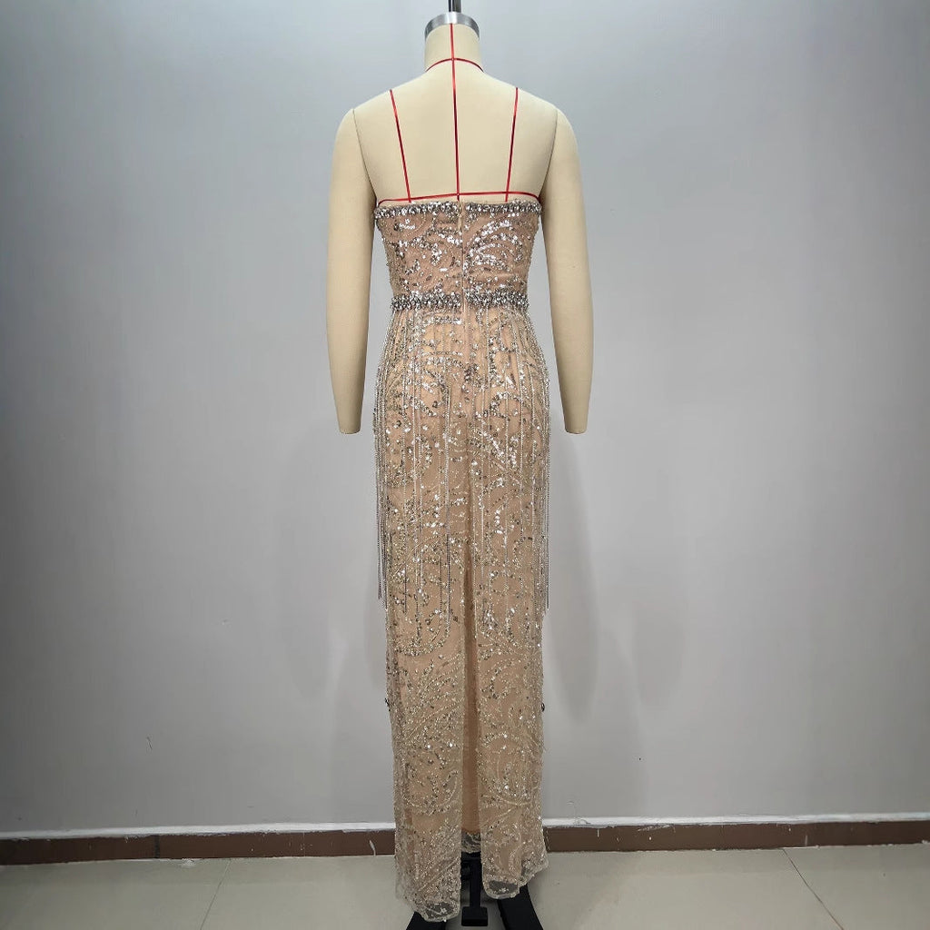 Sexy Shiny Rhinestone Sequin Strapless Dress  Female Singers Gogo Performance Party Evening Gown eprolo