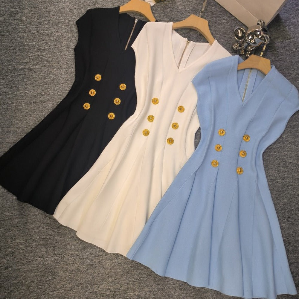 Raglan sleeves V-neck metal buckle high waist zippered knit dress trendy eprolo