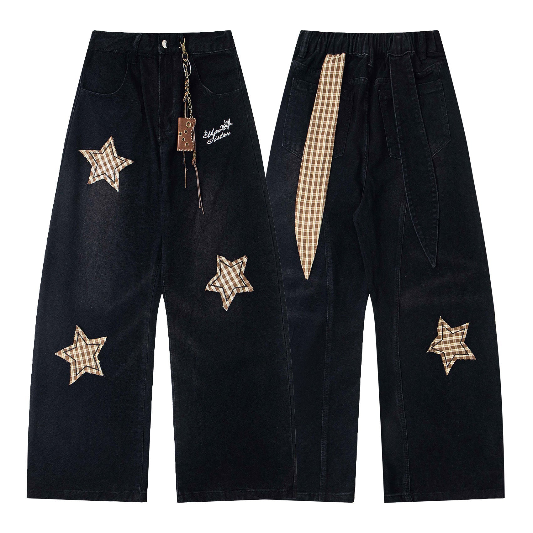 Retro Spliced Star Applique Embroidery Design Loose Casual Trendy Straight Jeans for Men and Women eprolo