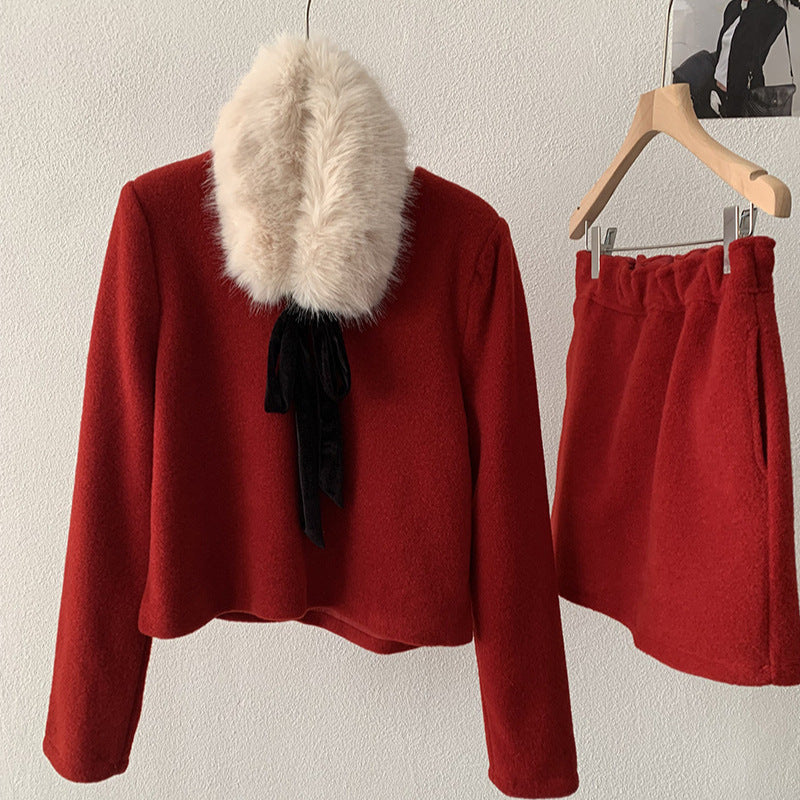 Christmas New Year Winter Rich Girl V-Neck Long Sleeve Top + Skirt Two-Piece Set eprolo