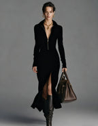 Autumn and Winter Women's Velvet Gorgeous Collar Zipper Front slit Long Dress eprolo