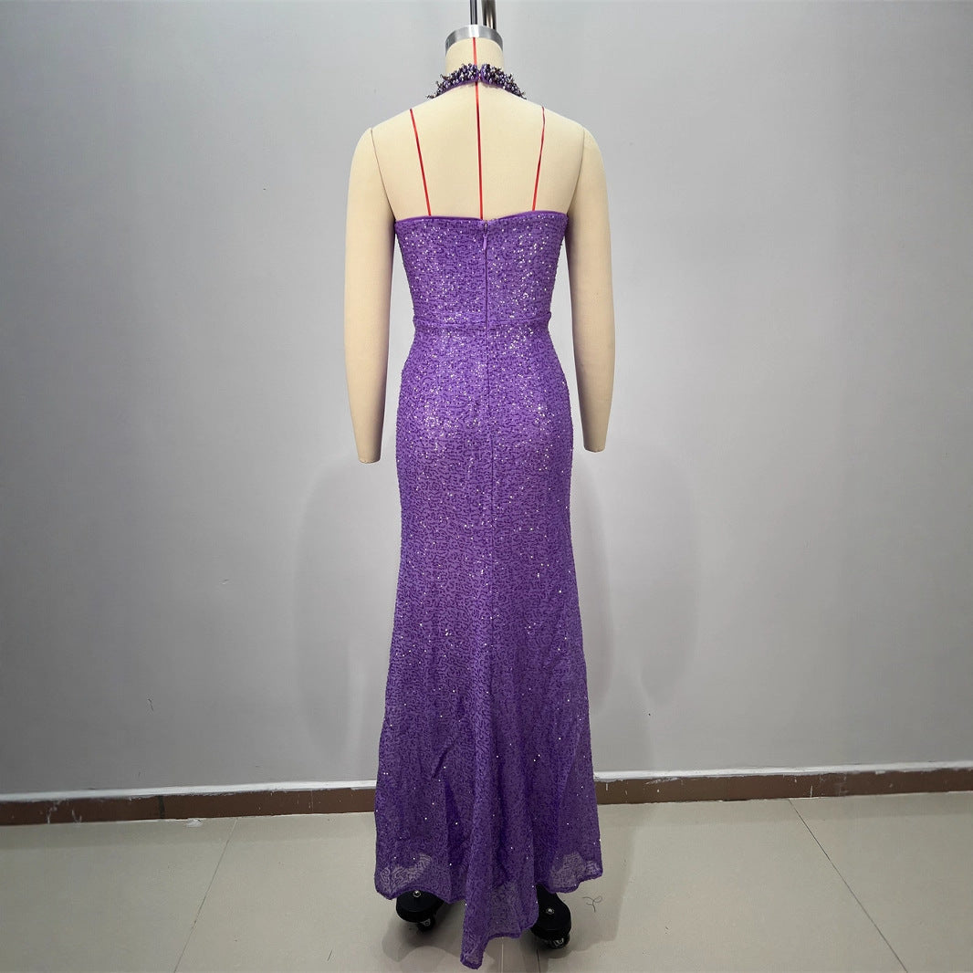 Sexy Women's Backless Off-the-Shoulder Sequined Casual Pleated Long Fitted Party Dress eprolo