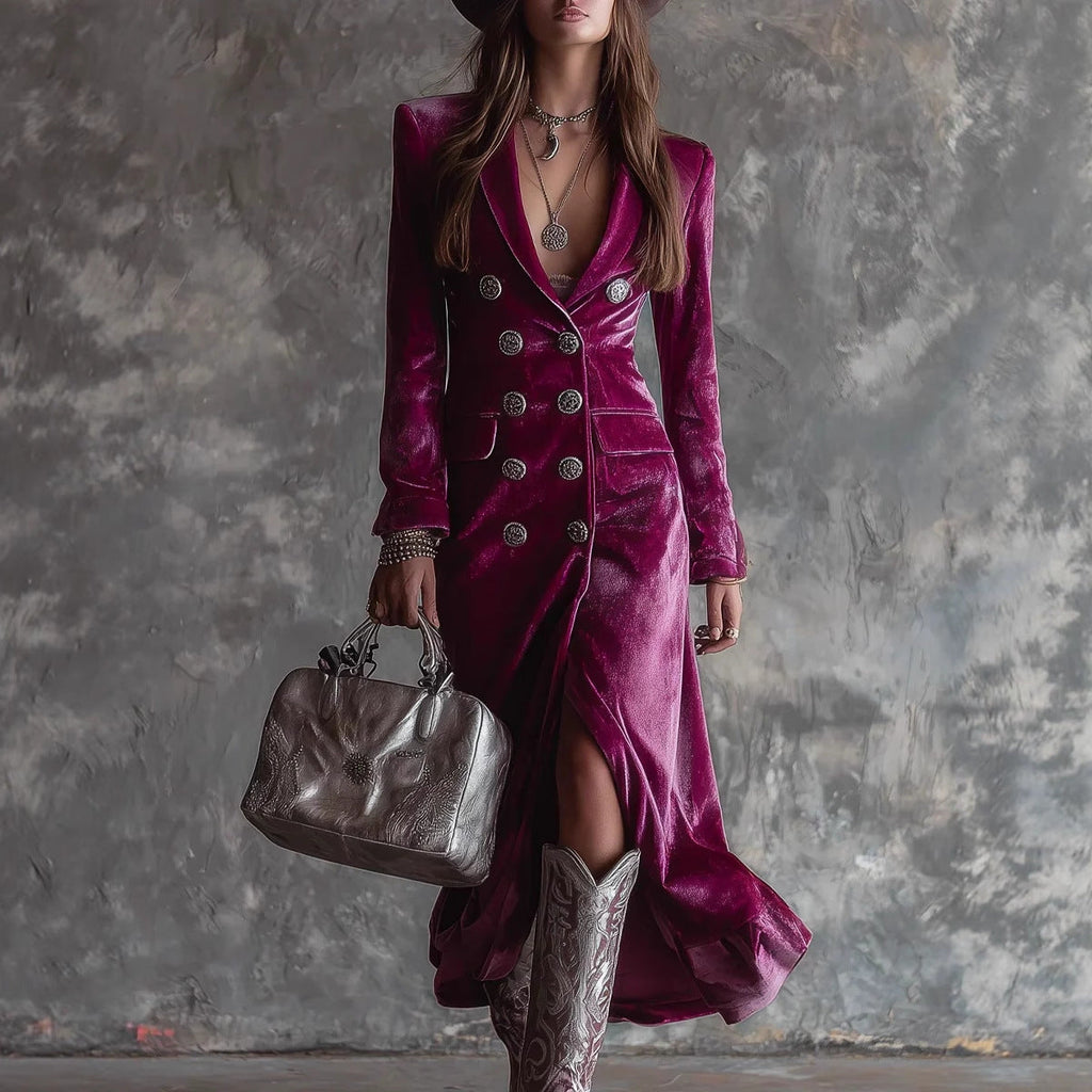Chic British Style Double-Breasted Fitted Velvet Dress with Suit Collar for Women eprolo