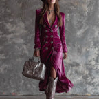 Chic British Style Double-Breasted Fitted Velvet Dress with Suit Collar for Women eprolo