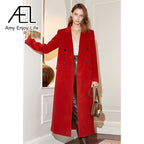 Red Double Breasted Vintage Loose Long Suit Woolen Coat eprolo