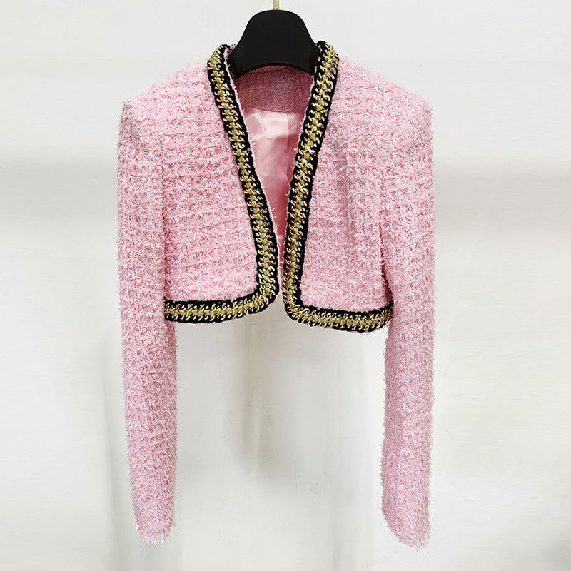 Veloria new fashion Autumn and Winter heavy industry chain decoration short coarse woolen jacket eprolo