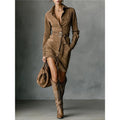 Fashionable Suede Single-Breasted Shirt Dress with Belt, Short Skirt Style eprolo