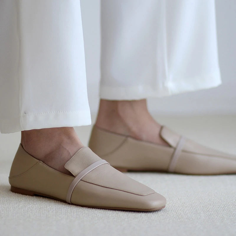 Full leather square toe deep mouth single shoe cowhide British retro simple flat shoes loafers soft heels two pairs of shoes eprolo