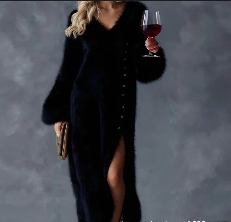 V-neck loose button slit dress eprolo