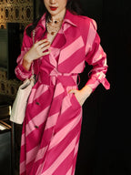 High-end Contrasting Color Striped Trench Coat For Women Lapel Long Sleeve Belt Mid Length Windbreak eprolo