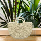Medium straw woven semi-circular handbag, moon bag, leisure vacation double circular handle woven tote bag eprolo