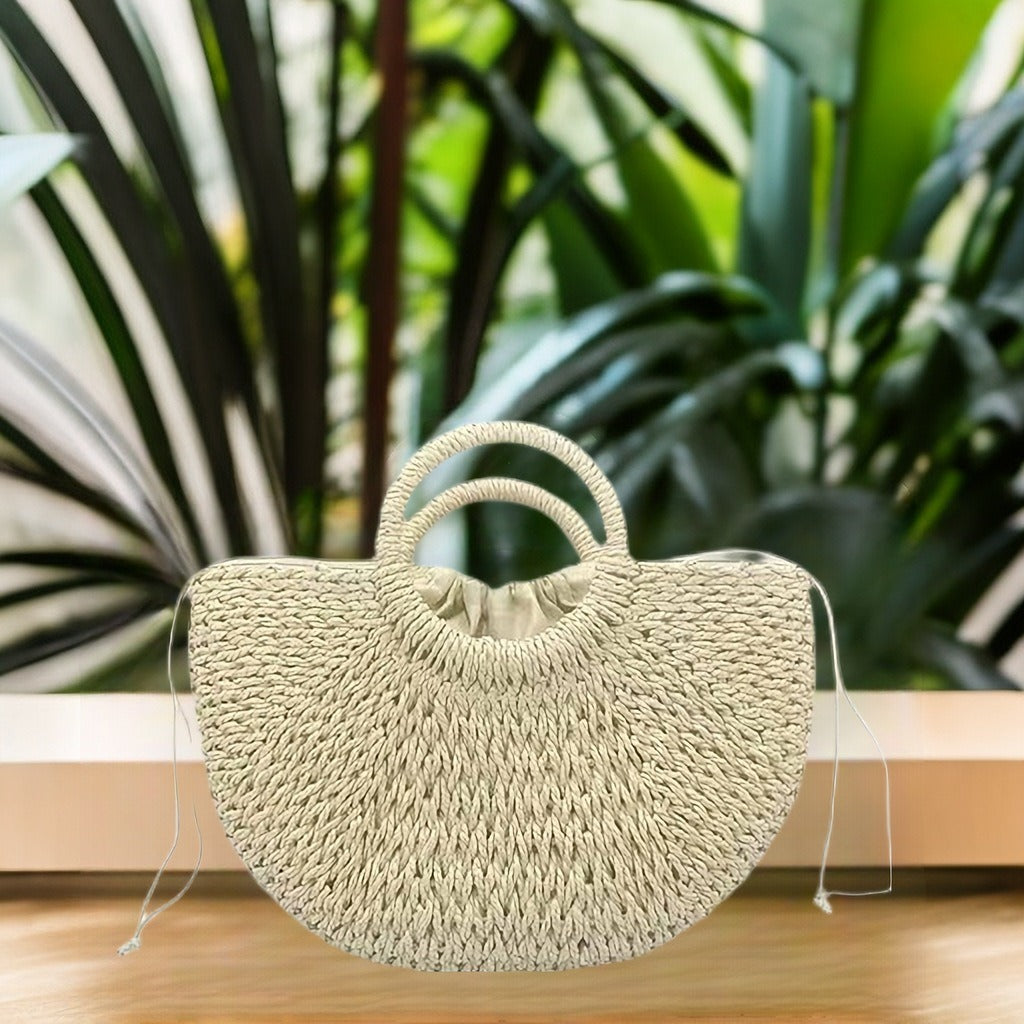 Medium straw woven semi-circular handbag, moon bag, leisure vacation double circular handle woven tote bag eprolo