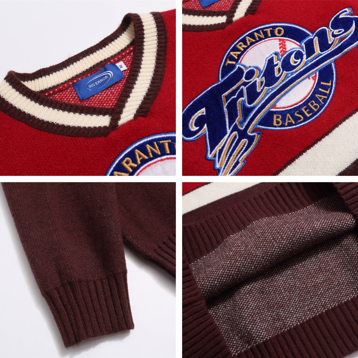 Vintage Color-block Letter Embroidery Couple V-neck Sweater Lazy Oversized Knitwear for Men and Women eprolo
