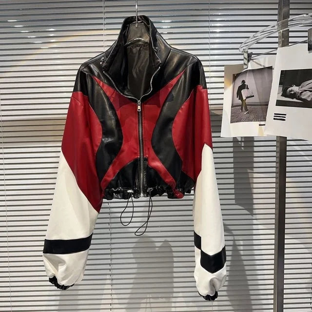 Fashion Contrast Color Patchwork Motorcycle Leather Jacket For Women Long Sleeve Lapel Zipper Coat  Autumn New eprolo
