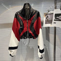 Fashion Contrast Color Patchwork Motorcycle Leather Jacket For Women Long Sleeve Lapel Zipper Coat  Autumn New eprolo