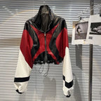 Fashion Contrast Color Patchwork Motorcycle Leather Jacket For Women Long Sleeve Lapel Zipper Coat  Autumn New eprolo