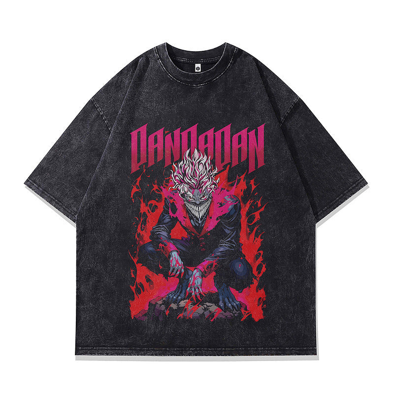 Dark Anime Print Short Sleeve T-Shirt for Men and Women Vintage American Retro Heavyweight Washed Aged eprolo