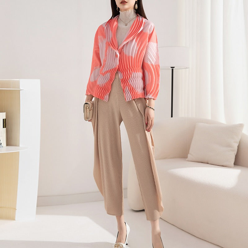 High-end pleated fashionable printed small jacket for women with hand-pleated suit collar eprolo