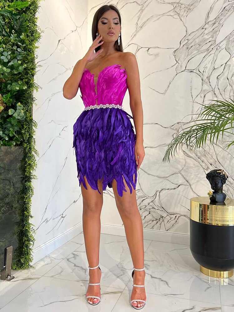 PB Stylish High Waist Feather Crystal Design Mini Dress Sexy Strapless Sleeveless Celebrity Party Club eprolo