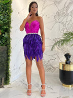 PB Stylish High Waist Feather Crystal Design Mini Dress Sexy Strapless Sleeveless Celebrity Party Club eprolo