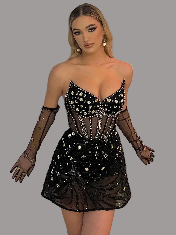 Black strapless mini dress with crystal embellishments | Evening Party | Clubwear eprolo