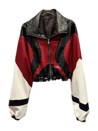 Fashion Contrast Color Patchwork Motorcycle Leather Jacket For Women Long Sleeve Lapel Zipper Coat  Autumn New eprolo