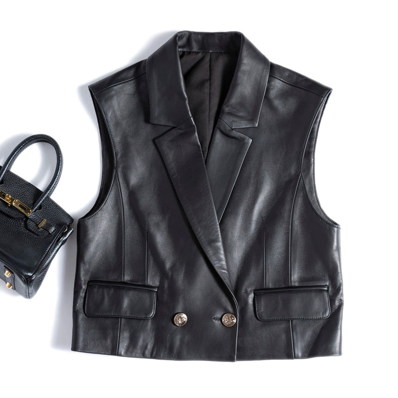 French Fashion Genuine Leather Vest For Women Female Loose Sleeveless Jacket Soft Chic Gilet Short Suit eprolo