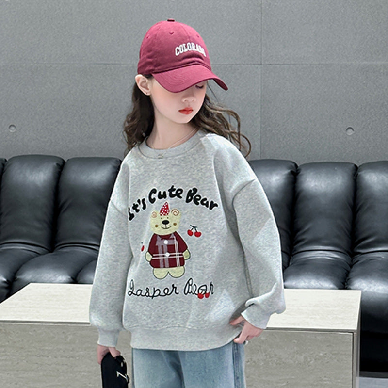 Girls' Autumn/Winter Simple Korean-Style Hoodie Round Neck Fleece-Lined Thickened Base LayerPure Cotton Top Trendy Kids Clothing eprolo