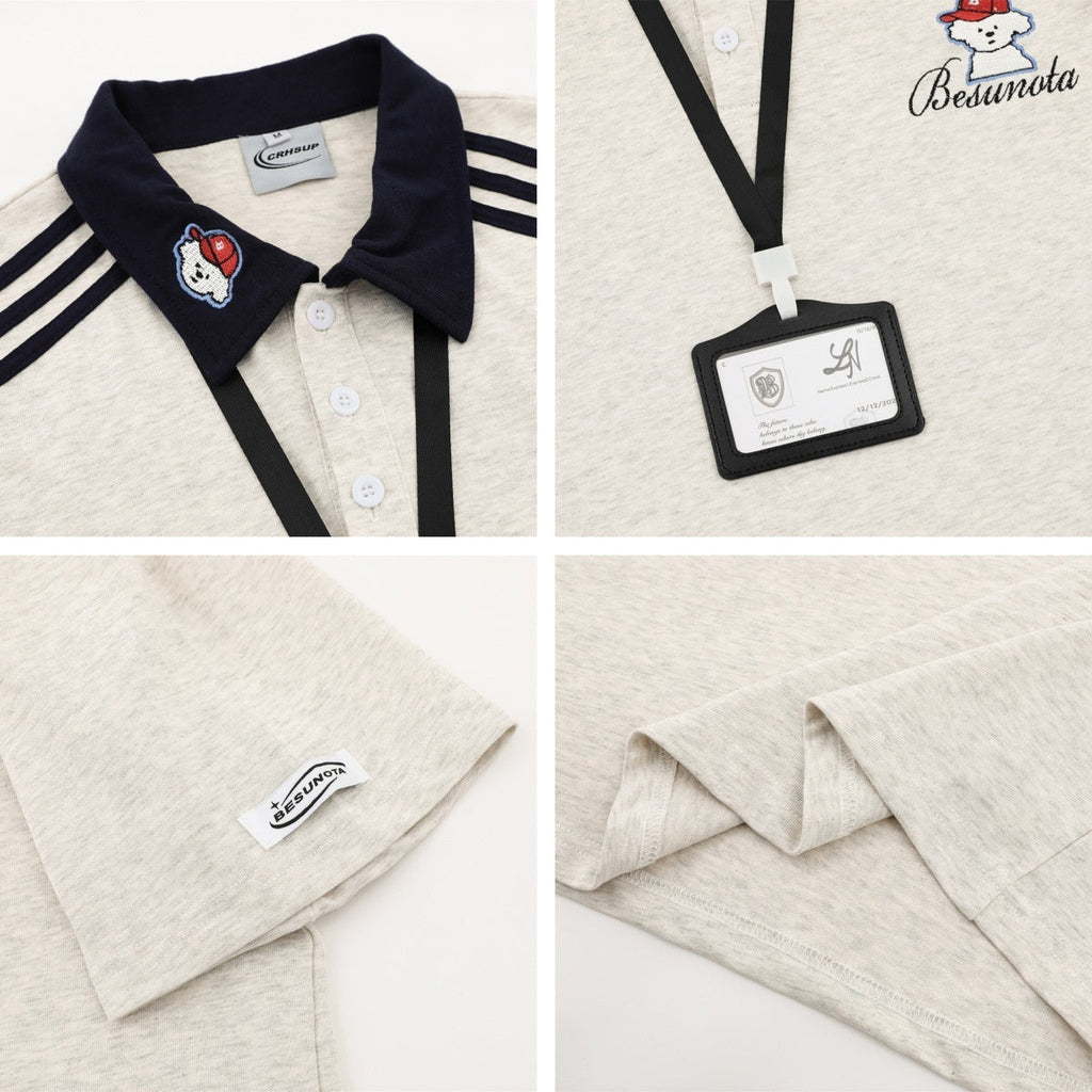 Cute Dog Embroidery with Detachable Work Badge Collar Short Sleeve T-Shirt for Men and Women  Versatile Couple Top eprolo